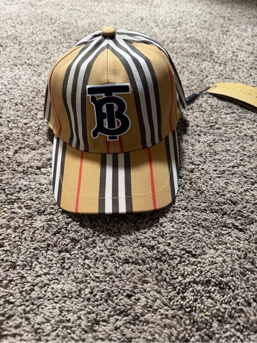 Burberry Tan Black White and Red TB Monogram Stripe Baseball Hat